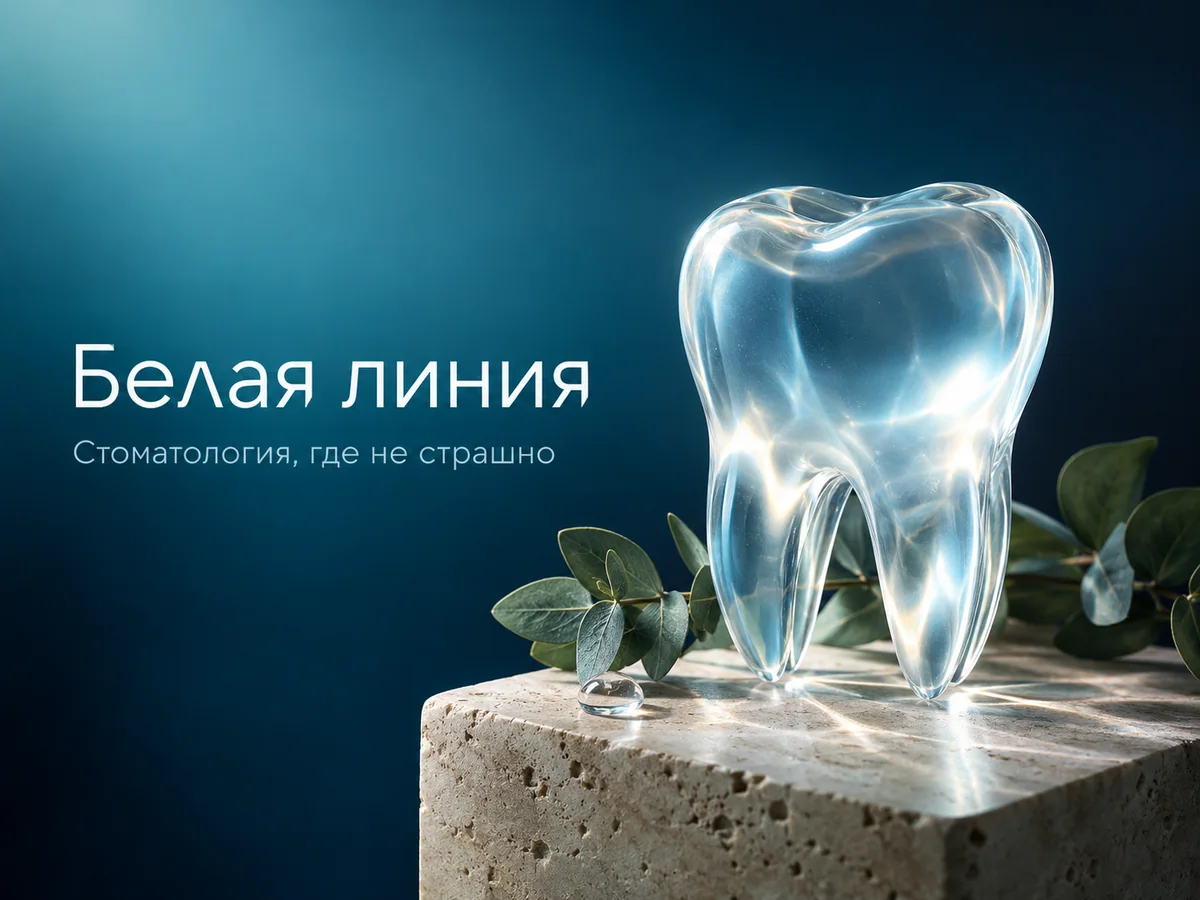 Обложка сайта клиники «Белая линия»: стеклянный зуб на травертиновом постаменте с эвкалиптом