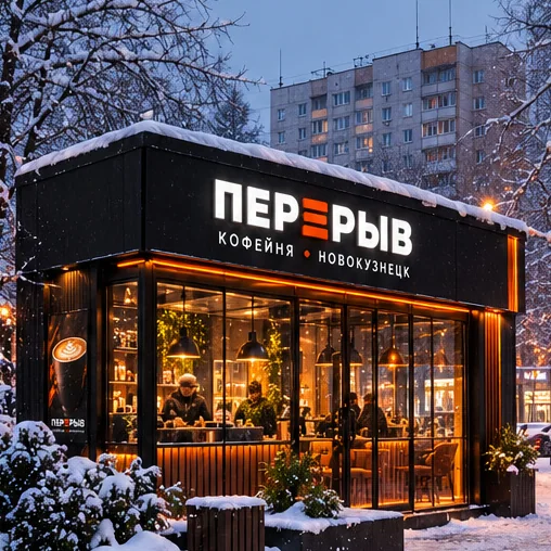 Стеклянный павильон ПЕРЕРЫВ зимним вечером среди заснеженных деревьев